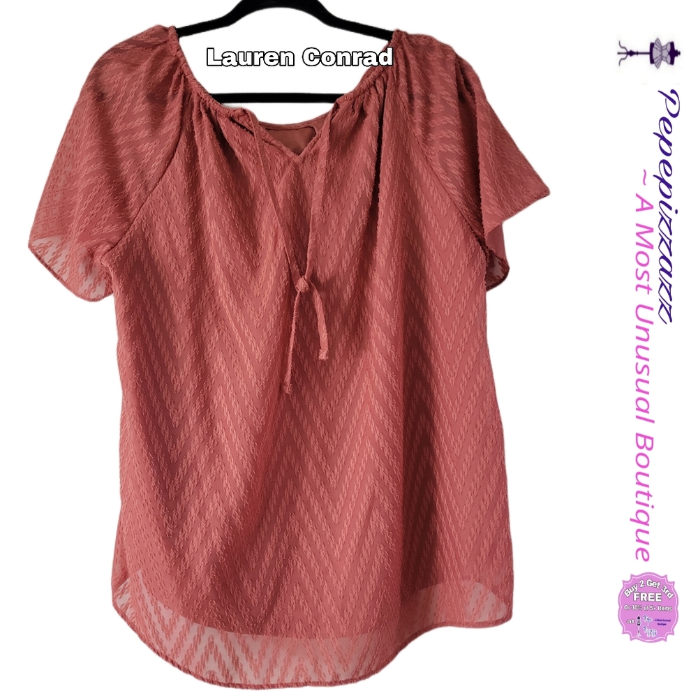 LAUREN CONRAD short sleeve lined Textured blouse Ties at  Neckline L. - Picture 2 of 8